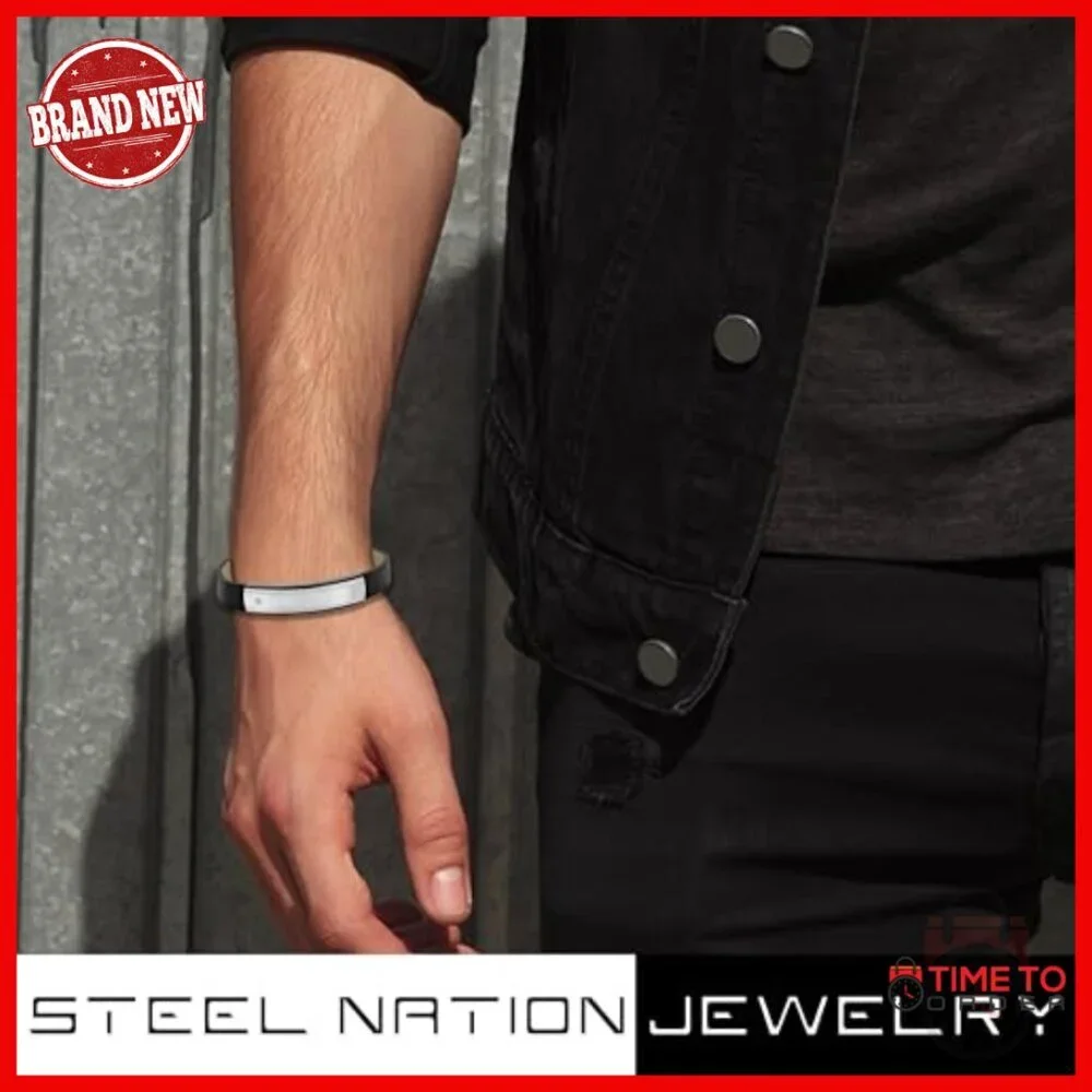Men's Stainless Steel Leather ID Bracelet with Diamond Accent Fold Over Clasp
